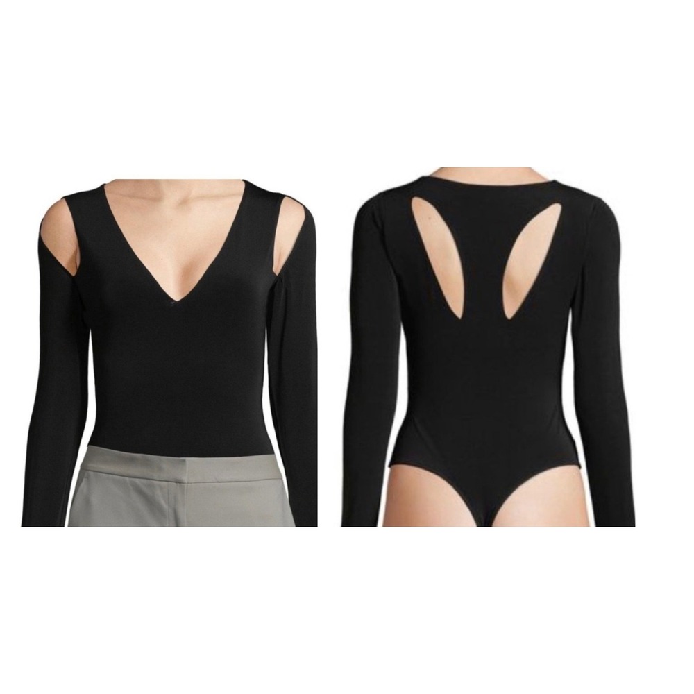 BCBGMAXAZRIA Hilda Cold Shoulder V-Neck Bodysuit Cut Out Black Sz L